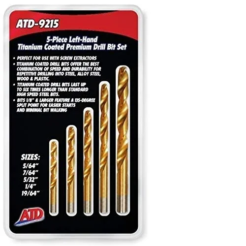 ATD Tools 9215 Left-Handed Titanium Coated HSS Drill Bit Set – 5 Piece