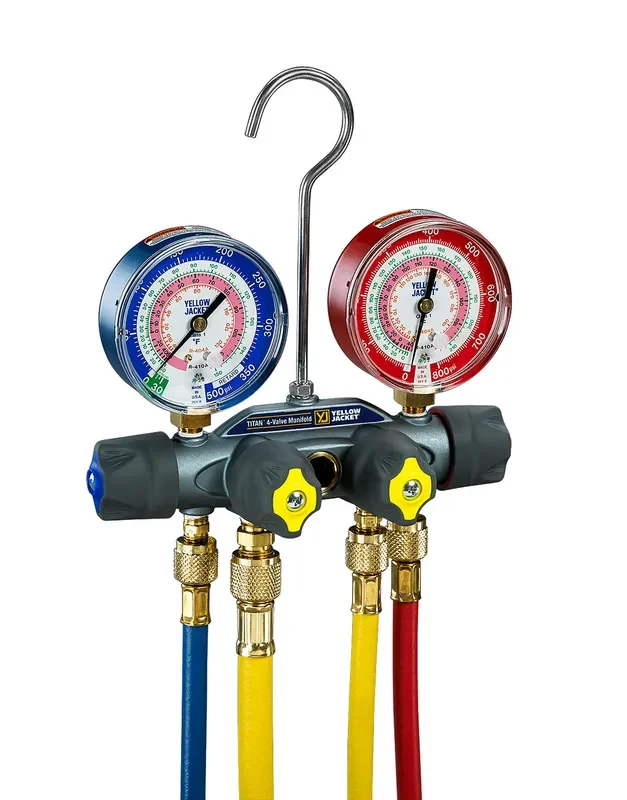 Bulk Order Yellow Jacket Titan 4-Valve Test Manifold R/B Gauges PSI Fahrenheit R22/404A/410A with 60 in. Plus II RYB and 3/8in. x 45 Deg. – 49967