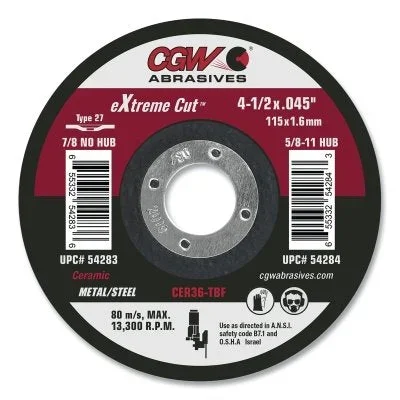 CGW Abrasives 54281 eXtreme Cut Type 1 Ceramic Cutting Wheel, 5 in dia, 0.045 in thick, 7/8 in arbor, 36 Grit
