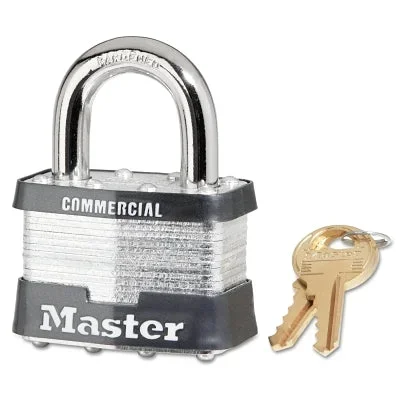 Master Lock 5KAA389 No. 5 Laminated Steel Padlock, 3/8 in dia x 15/16 in W x 1 in H Shackle, Silver/Gray, Keyed Alike, Keyed A389