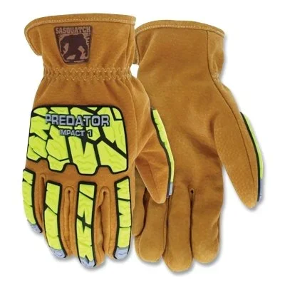 MCR Safety PD3430L Predator Impact Sasquatch Leather Drivers Gloves Large 360° HyperMax Lining Brown/Hi-Vis Yellow