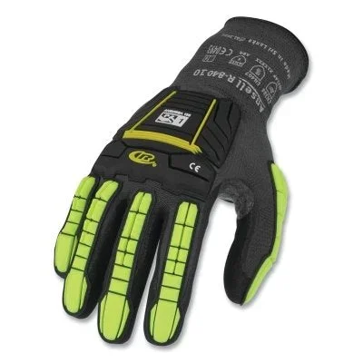 RINGERS 840VP-07 R840 Light-Duty Palm Coated/TPR Impact Protection Gloves, Size 7, Black/Green-Yellow, Vend Pack