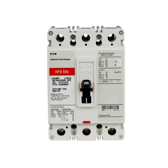 Shop Now HFD3225L – Eaton – Molded Case Circuit Breaker – Feed-Thru – 225 Amp – 3 Pole – 600 Volt