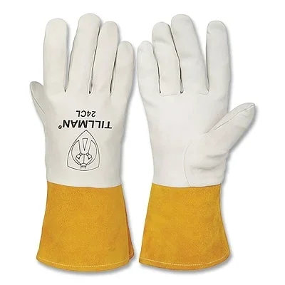 Tillman 24CL TIG Welding Gloves, 24C, Top Gr Kidskin Palm/BOH/Split Cowhide Cuff, Lg, Pearl/Bourbon Brn, 4 in L Straight Cuff