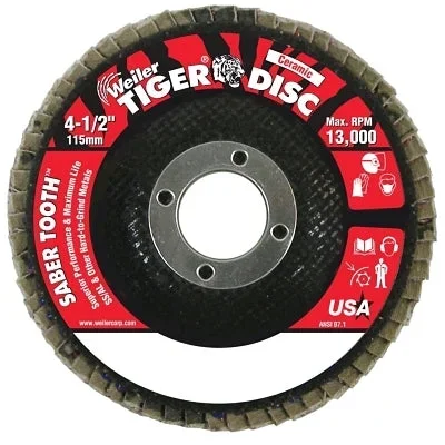 Weiler 50102 Saber Tooth Ceramic Flap Discs 4 1/2 in 60 Grit 7/8 in Arbor 13 000 rpm