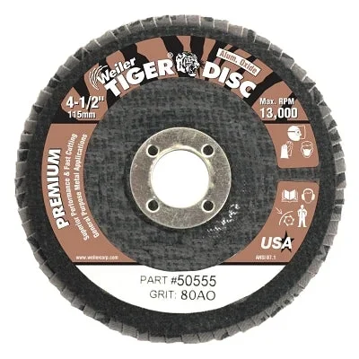 Weiler 50555 Tiger Disc Angled Style Flap Discs,4 in,80 Grit,5/8 Arbor,Phenolic Back,Alum Oxid