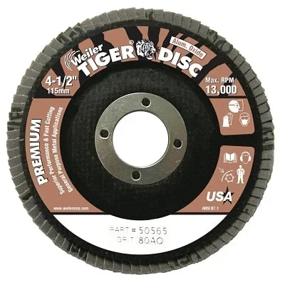 Weiler 50565 Tiger Disc Angled Style Flap Discs, 4 1/2 in,80 Grit,7/8 Arbor,Phenolic Back
