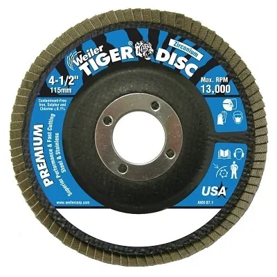Weiler 50606 Tiger Disc Angled Style Flap Discs, 4 1/2 in, 120 Grit, 7/8 Arbor, Phenolic Back