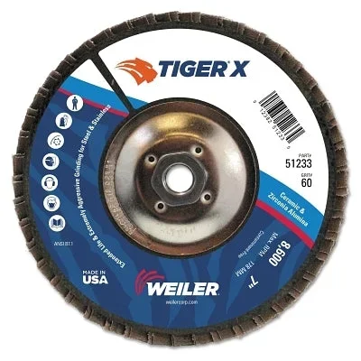 Weiler 51233 Tiger X Flap Disc, 7 in Flat, 60 Grit, 5/8 in – 11 Arbor