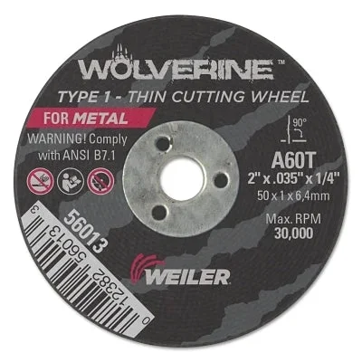 Weiler 56013 Wolverine Cut-Off Wheel, Type 1, AO, 2 in dia x 1/4 in Arbor x 1/16 in Thick, 36T, 100 EA/CA